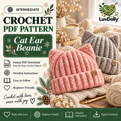 Cat Ear Beanie Crochet Pattern PDF | Ribbed Kitty Hat for Adults | Beginner Friendly Winter Beanie | Instant Digital Download