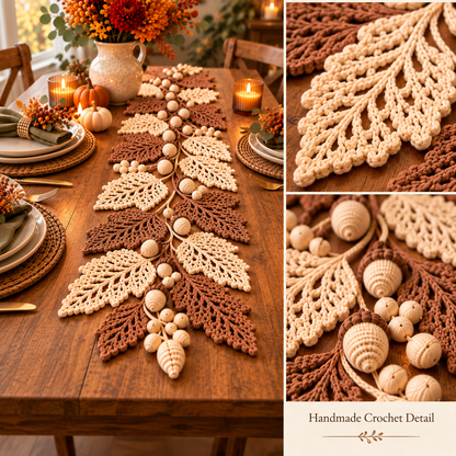 Autumn Leaf Table Runner Crochet Pattern PDF | Neutral Fall Garland with Leaves & Berries | Thanksgiving Farmhouse Decor | Digital Download