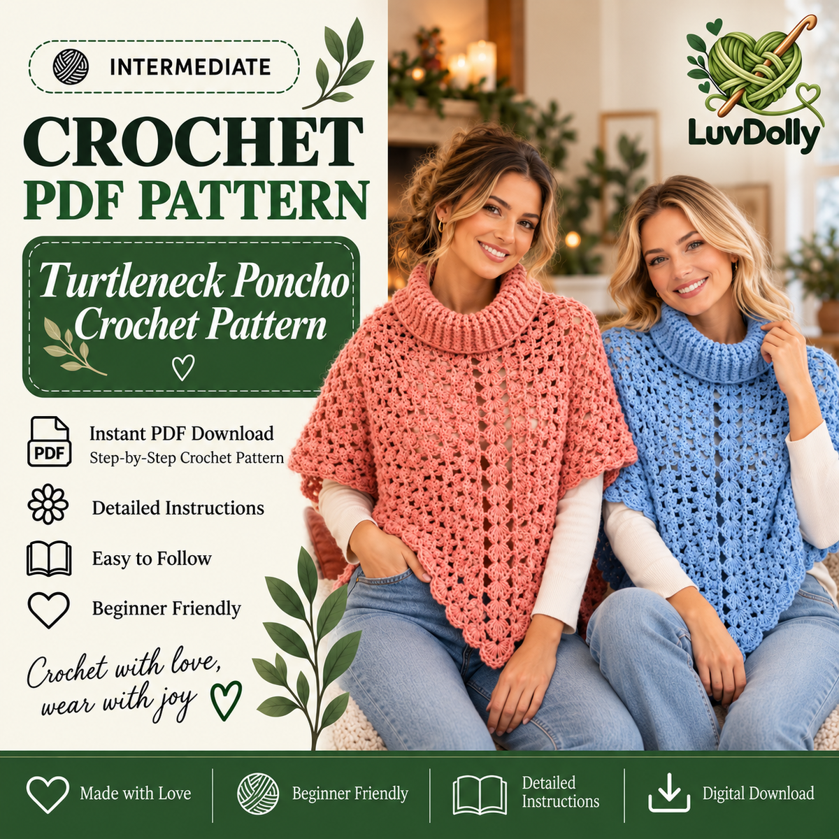 Turtleneck Poncho Crochet Pattern PDF | Women’s Lace Poncho | Cozy Crochet Capelet Digital Download