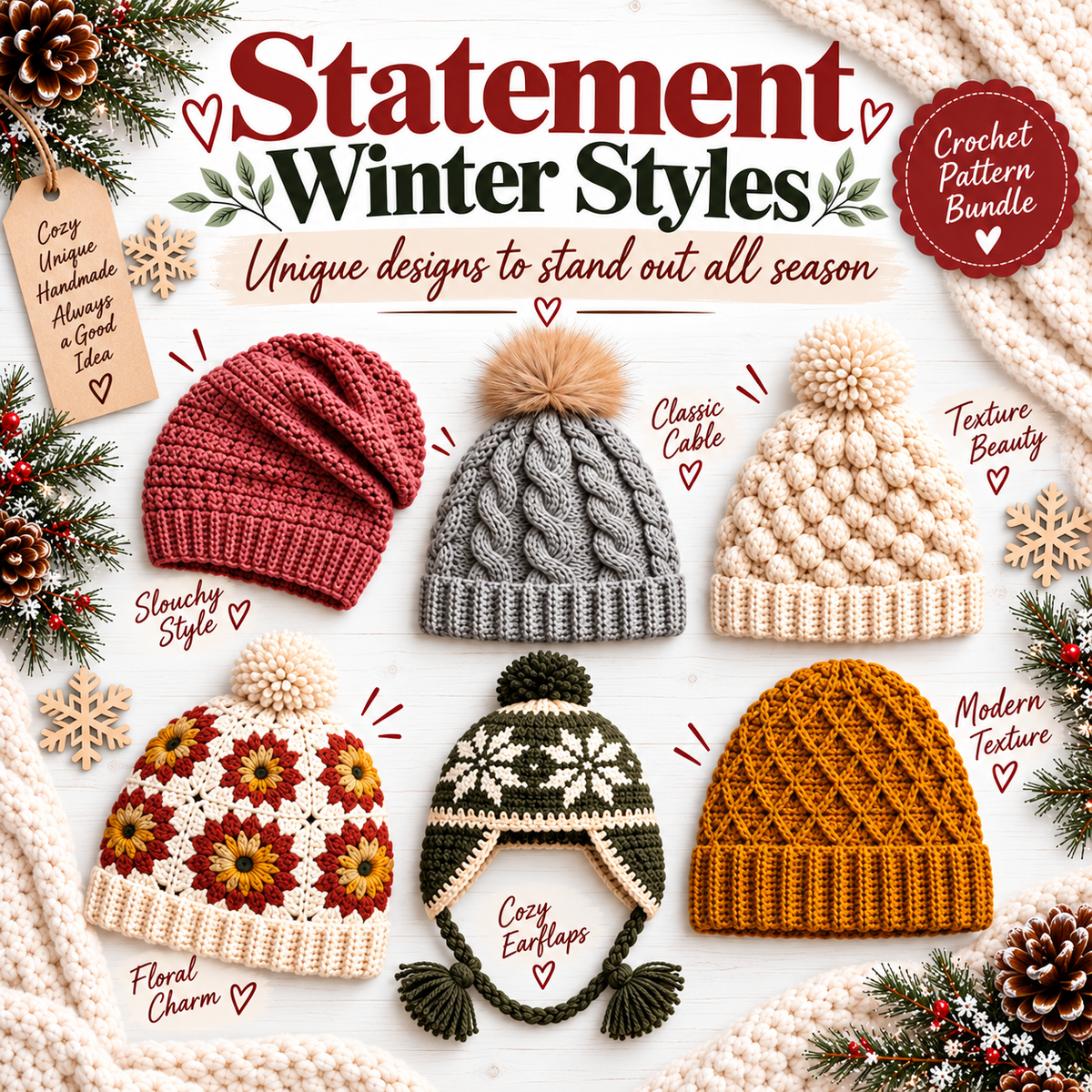25 Winter Crochet Hat Patterns Bundle PDF | Beanies, Pom-Pom Hats, Earflaps & Colorwork | Cozy Winter Accessories Digital Download