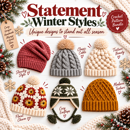 25 Winter Crochet Hat Patterns Bundle PDF | Beanies, Pom-Pom Hats, Earflaps & Colorwork | Cozy Winter Accessories Digital Download