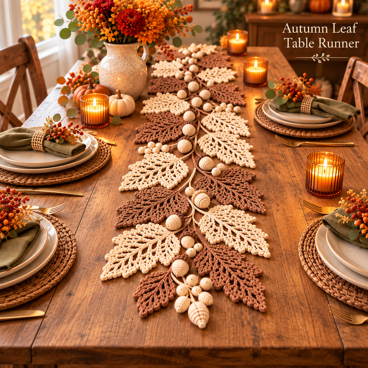 Autumn Leaf Table Runner Crochet Pattern PDF | Neutral Fall Garland with Leaves & Berries | Thanksgiving Farmhouse Decor | Digital Download