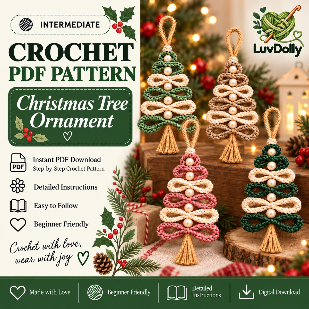 Crochet Christmas Tree Ornament Pattern PDF | 4 Loop Tree Designs | Pearl & Tassel Ornament Digital Download
