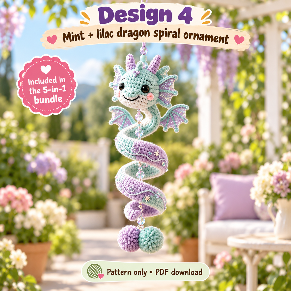 5-in-1 Dragon Crochet Pattern Bundle PDF | Spiral Hanging Dragon Ornament | Cute Fantasy Amigurumi Decor | Beginner Friendly Digital Download