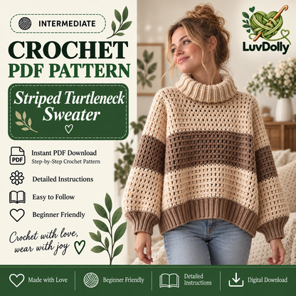 Crochet Turtleneck Sweater Pattern PDF | Cozy Striped Pullover | Women’s Sweater XS–5XL | Beginner Friendly Digital Download