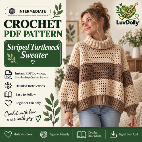 Crochet Turtleneck Sweater Pattern PDF | Cozy Striped Pullover | Women’s Sweater XS–5XL | Beginner Friendly Digital Download