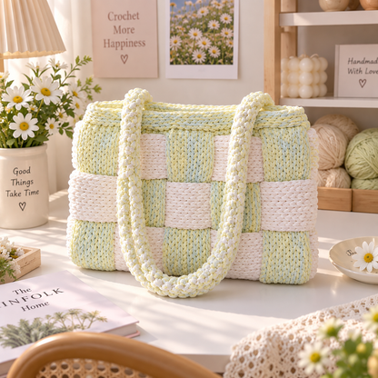 Woven Checkered Crochet Tote Bag Pattern PDF, Two Color Shoulder Bag Crochet Pattern, Modern Textured Handbag Digital Download