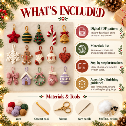 15 Christmas Ornament Crochet Patterns PDF | Holiday Keychain & Tree Decor Bundle