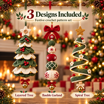 3-in-1 Christmas Crochet Ornament Pattern Bundle PDF | Spiral Tree, Bauble & Christmas Tree Hanging Decor | Instant Download