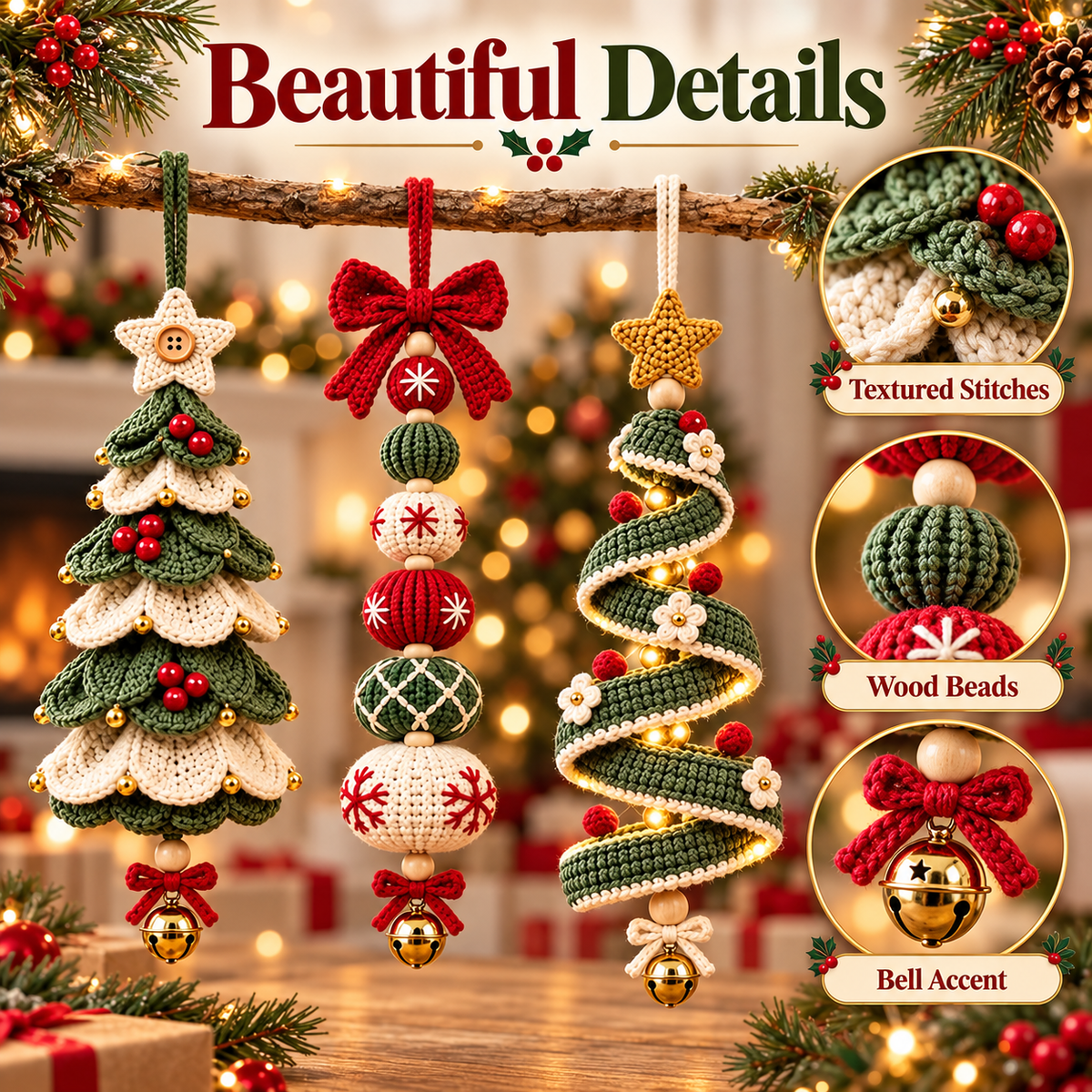 3-in-1 Christmas Crochet Ornament Pattern Bundle PDF | Spiral Tree, Bauble & Christmas Tree Hanging Decor | Instant Download