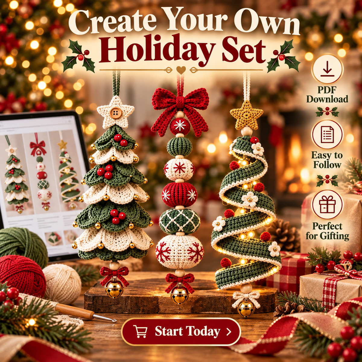 3-in-1 Christmas Crochet Ornament Pattern Bundle PDF | Spiral Tree, Bauble & Christmas Tree Hanging Decor | Instant Download