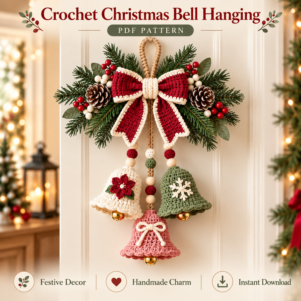 Crochet Christmas Bell Door Hanger Pattern PDF | 3 Bell Holiday Decoration | Bow, Poinsettia & Snowflake Christmas Decor | Digital Download