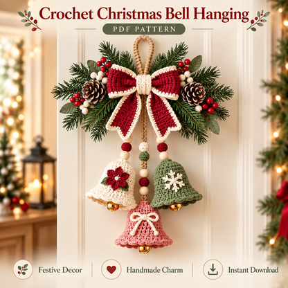 Crochet Christmas Bell Door Hanger Pattern PDF | 3 Bell Holiday Decoration | Bow, Poinsettia & Snowflake Christmas Decor | Digital Download