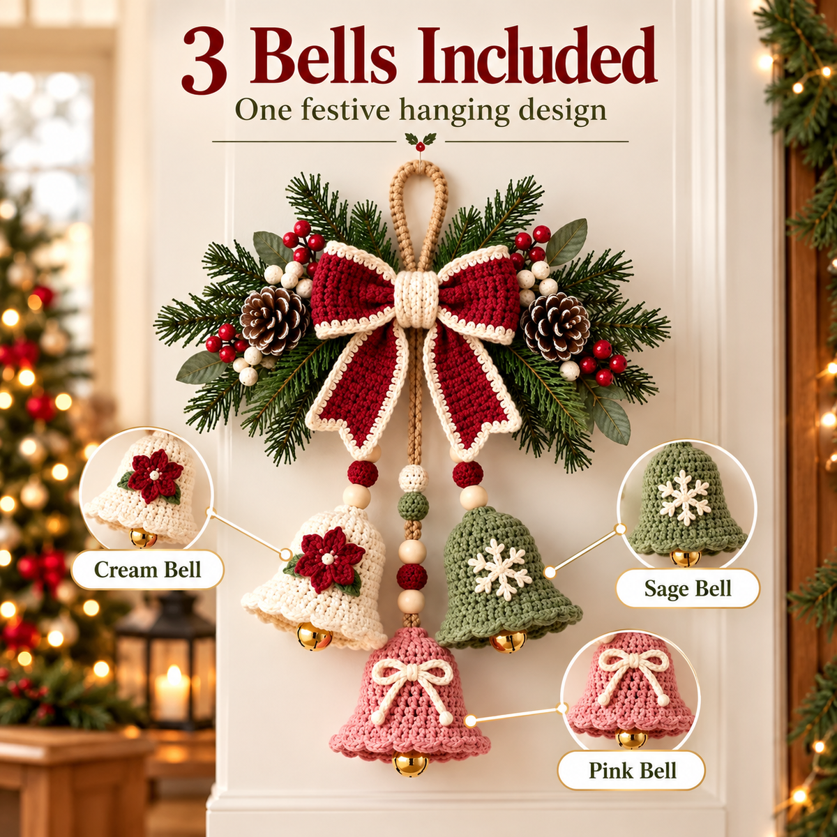 Crochet Christmas Bell Door Hanger Pattern PDF | 3 Bell Holiday Decoration | Bow, Poinsettia & Snowflake Christmas Decor | Digital Download
