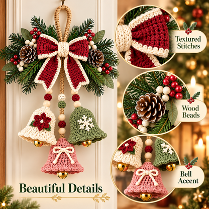 Crochet Christmas Bell Door Hanger Pattern PDF | 3 Bell Holiday Decoration | Bow, Poinsettia & Snowflake Christmas Decor | Digital Download