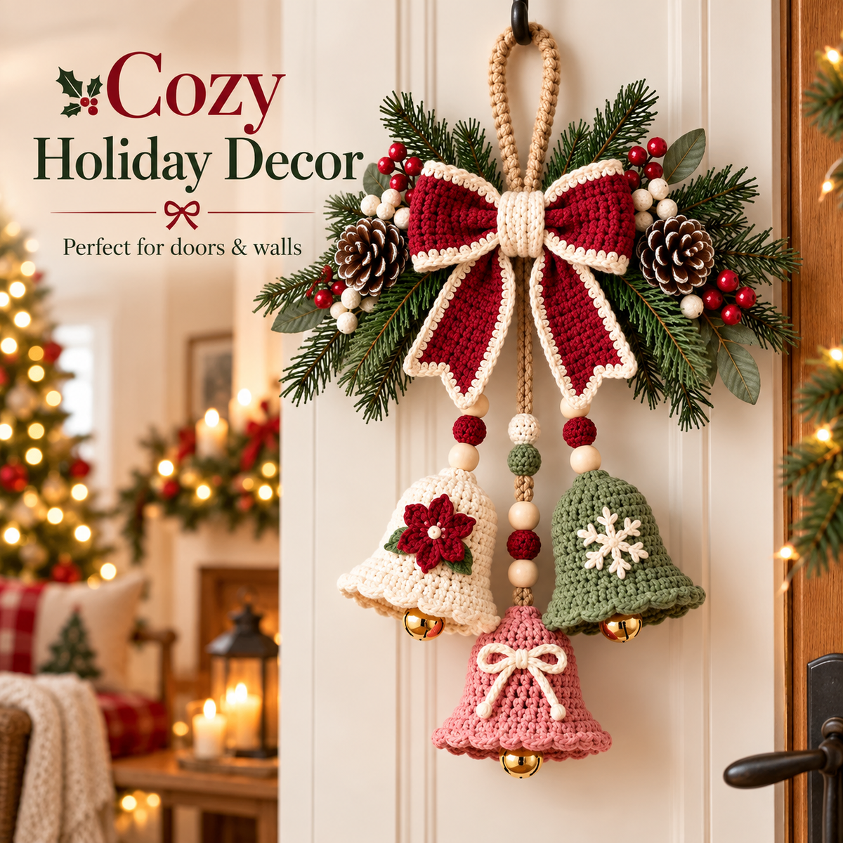 Crochet Christmas Bell Door Hanger Pattern PDF | 3 Bell Holiday Decoration | Bow, Poinsettia & Snowflake Christmas Decor | Digital Download