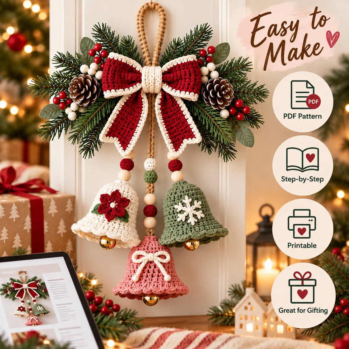 Crochet Christmas Bell Door Hanger Pattern PDF | 3 Bell Holiday Decoration | Bow, Poinsettia & Snowflake Christmas Decor | Digital Download