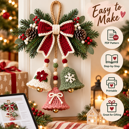 Crochet Christmas Bell Door Hanger Pattern PDF | 3 Bell Holiday Decoration | Bow, Poinsettia & Snowflake Christmas Decor | Digital Download