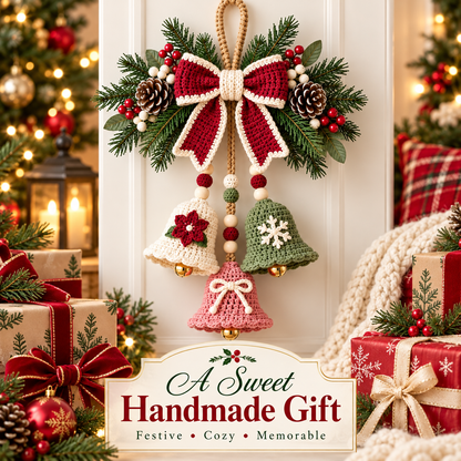Crochet Christmas Bell Door Hanger Pattern PDF | 3 Bell Holiday Decoration | Bow, Poinsettia & Snowflake Christmas Decor | Digital Download