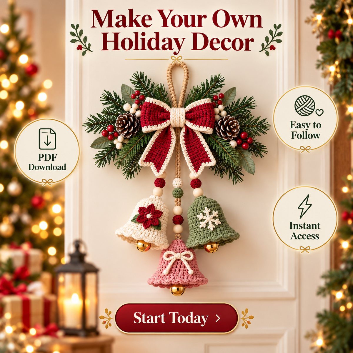 Crochet Christmas Bell Door Hanger Pattern PDF | 3 Bell Holiday Decoration | Bow, Poinsettia & Snowflake Christmas Decor | Digital Download