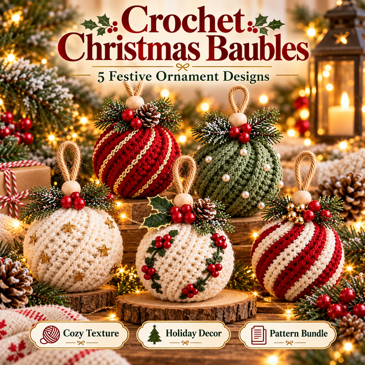 5-in-1 Christmas Bauble Crochet Pattern PDF | Twisted Rib Ornament Bundle | Crochet Christmas Tree Decorations | Holiday Decor Digital Download