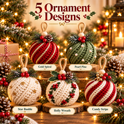 5-in-1 Christmas Bauble Crochet Pattern PDF | Twisted Rib Ornament Bundle | Crochet Christmas Tree Decorations | Holiday Decor Digital Download