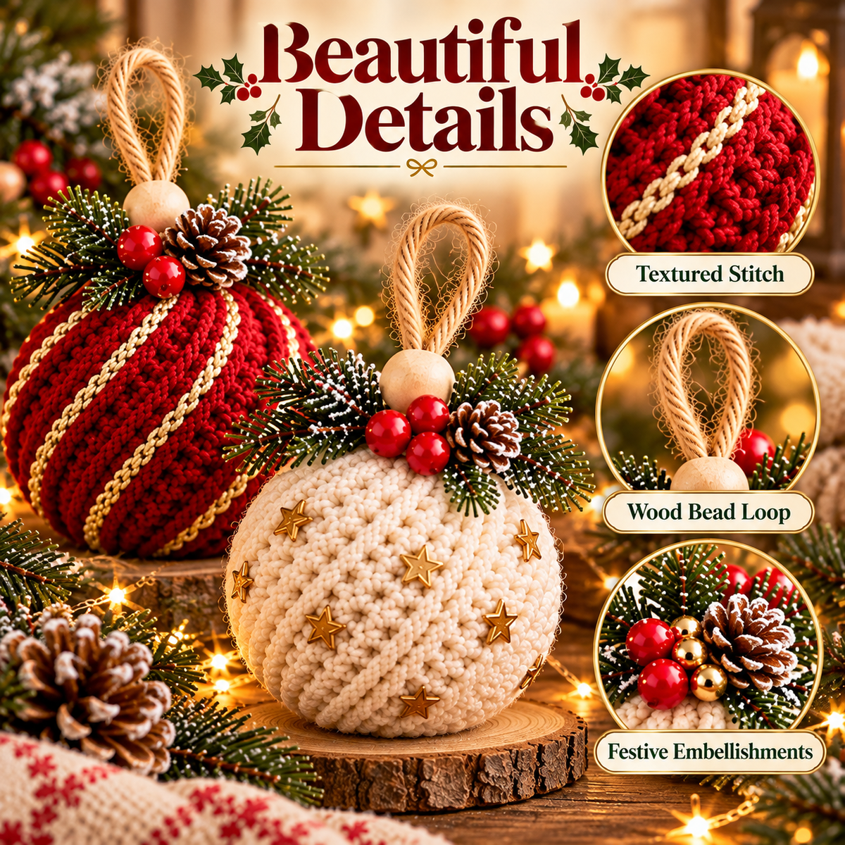 5-in-1 Christmas Bauble Crochet Pattern PDF | Twisted Rib Ornament Bundle | Crochet Christmas Tree Decorations | Holiday Decor Digital Download