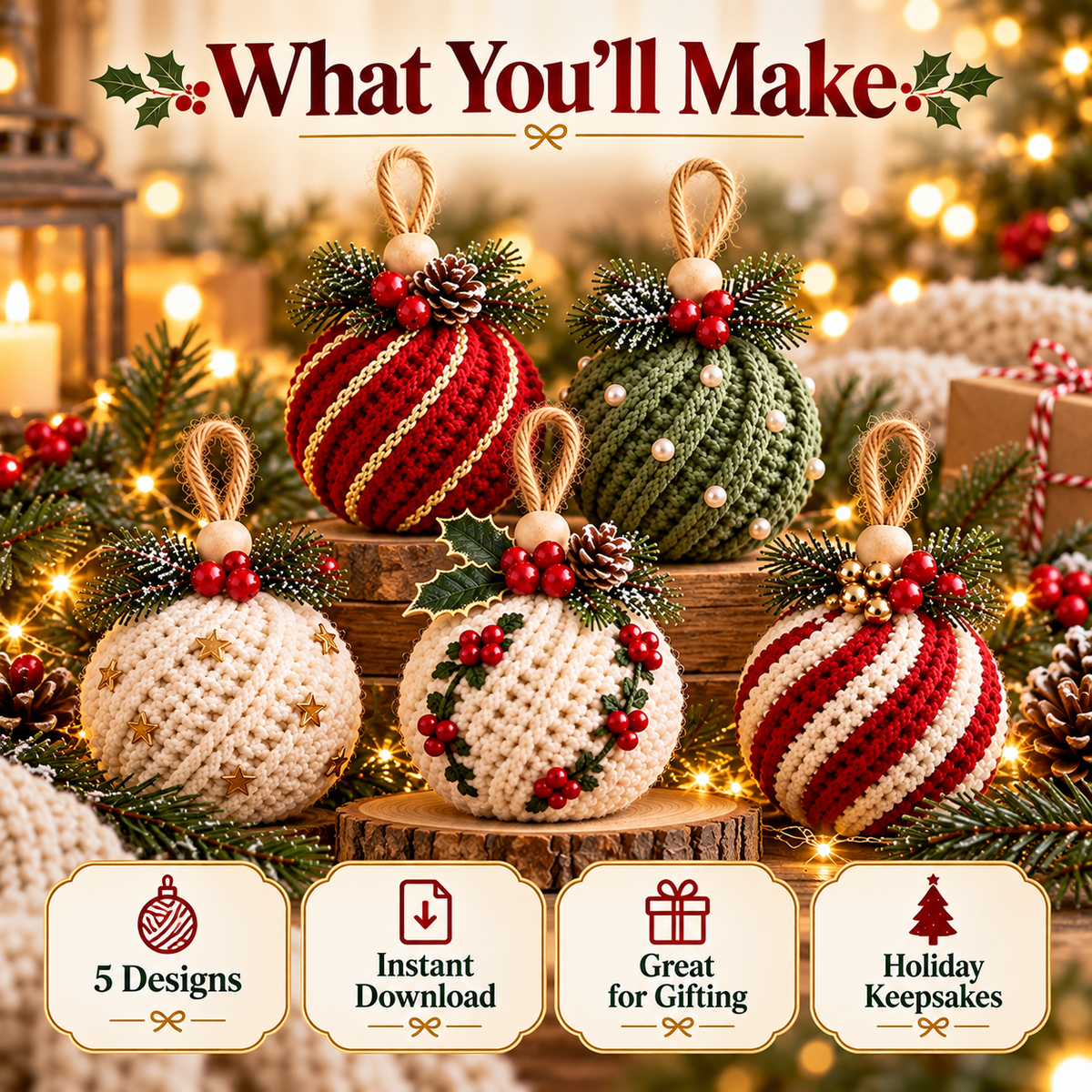5-in-1 Christmas Bauble Crochet Pattern PDF | Twisted Rib Ornament Bundle | Crochet Christmas Tree Decorations | Holiday Decor Digital Download