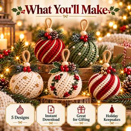 5-in-1 Christmas Bauble Crochet Pattern PDF | Twisted Rib Ornament Bundle | Crochet Christmas Tree Decorations | Holiday Decor Digital Download