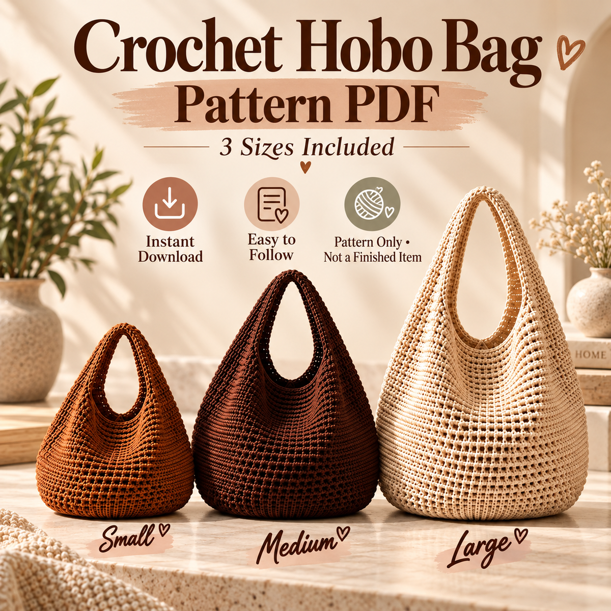 Crochet Hobo Bag Pattern PDF | Slouchy Boho Shoulder Bag | 3 Sizes Small Medium Large | Market Tote Digital Download