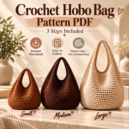 Crochet Hobo Bag Pattern PDF | Slouchy Boho Shoulder Bag | 3 Sizes Small Medium Large | Market Tote Digital Download