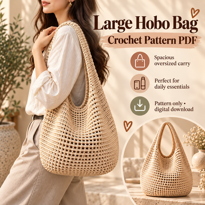 Crochet Hobo Bag Pattern PDF | Slouchy Boho Shoulder Bag | 3 Sizes Small Medium Large | Market Tote Digital Download