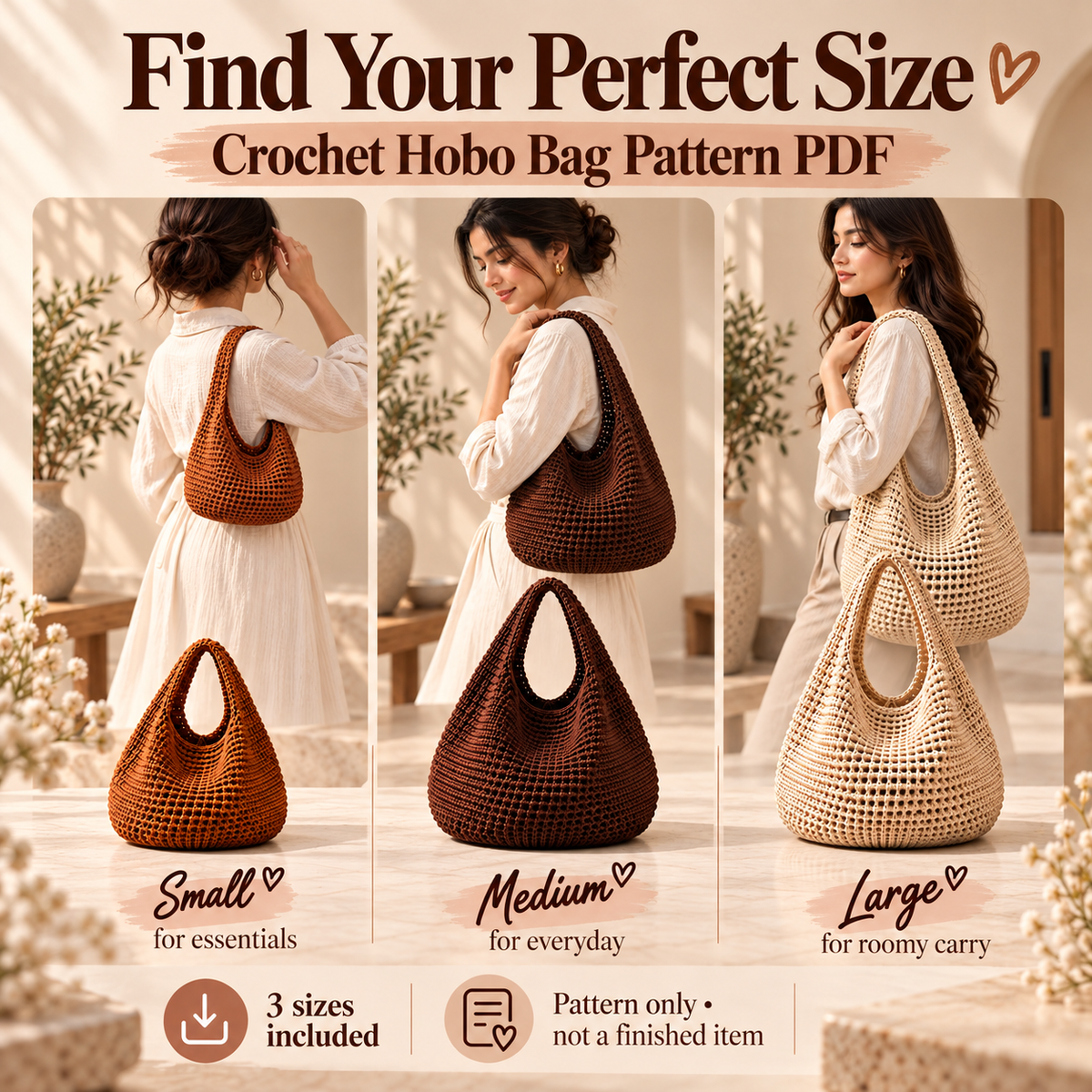 Crochet Hobo Bag Pattern PDF | Slouchy Boho Shoulder Bag | 3 Sizes Small Medium Large | Market Tote Digital Download