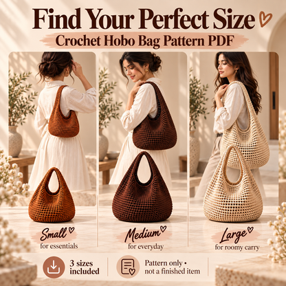 Crochet Hobo Bag Pattern PDF | Slouchy Boho Shoulder Bag | 3 Sizes Small Medium Large | Market Tote Digital Download