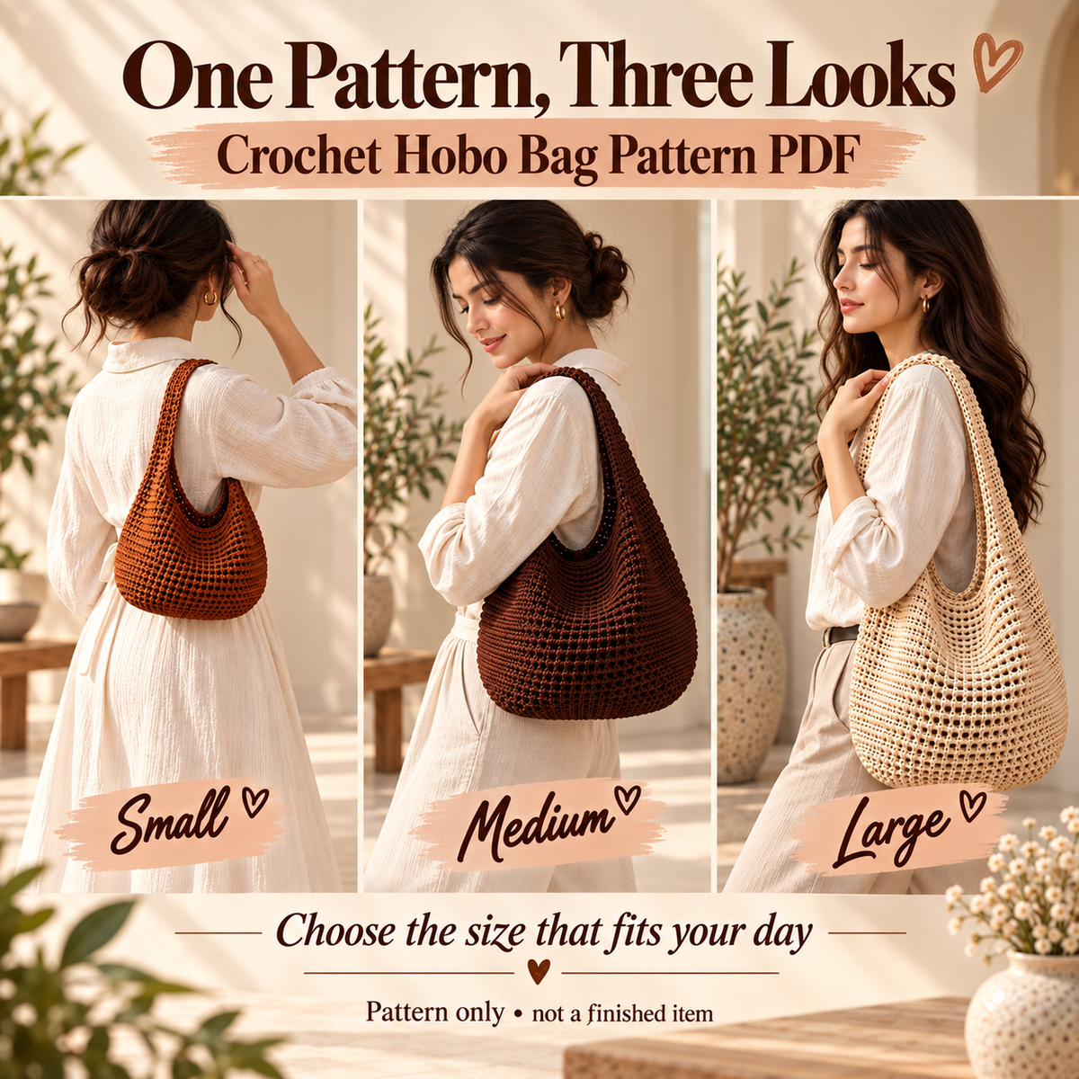 Crochet Hobo Bag Pattern PDF | Slouchy Boho Shoulder Bag | 3 Sizes Small Medium Large | Market Tote Digital Download
