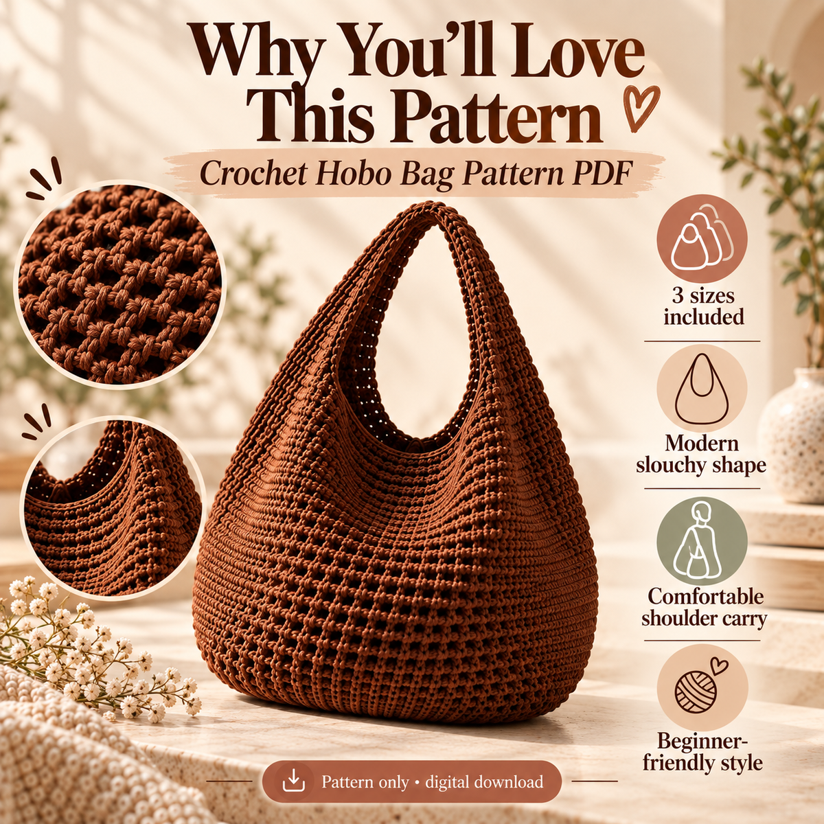 Crochet Hobo Bag Pattern PDF | Slouchy Boho Shoulder Bag | 3 Sizes Small Medium Large | Market Tote Digital Download