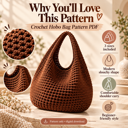 Crochet Hobo Bag Pattern PDF | Slouchy Boho Shoulder Bag | 3 Sizes Small Medium Large | Market Tote Digital Download