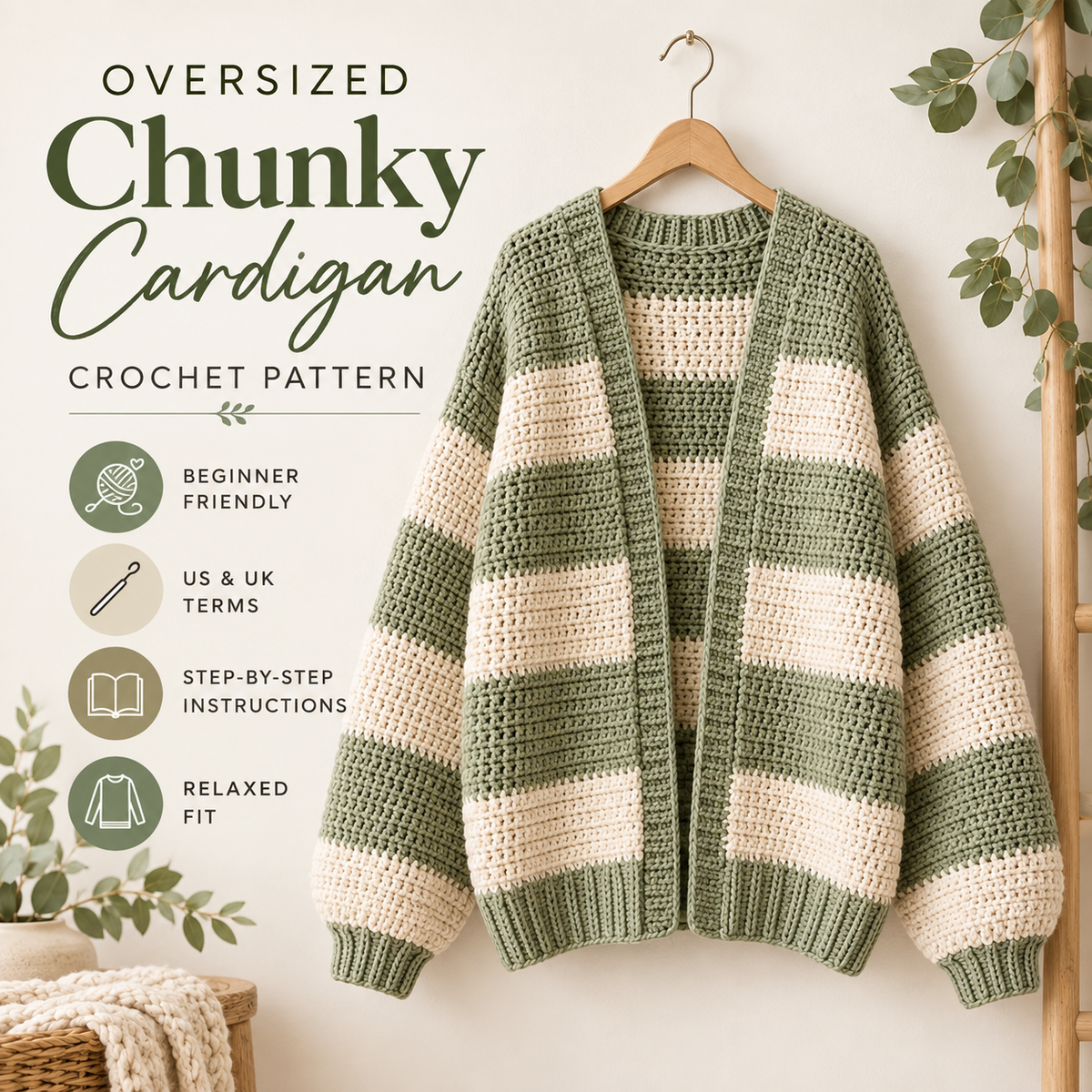 Oversized Chunky Cardigan Crochet Pattern PDF | Cozy Striped Women’s Sweater | Beginner Friendly Relaxed Cardigan Digital Download