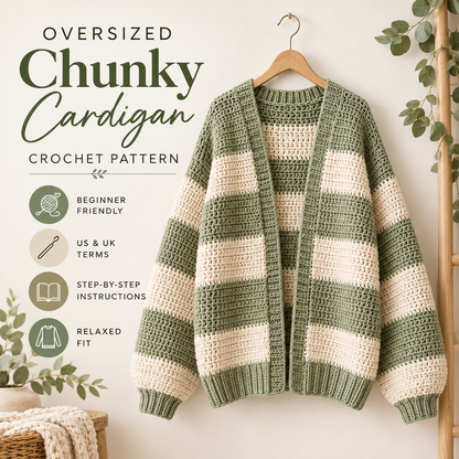 Oversized Chunky Cardigan Crochet Pattern PDF | Cozy Striped Women’s Sweater | Beginner Friendly Relaxed Cardigan Digital Download