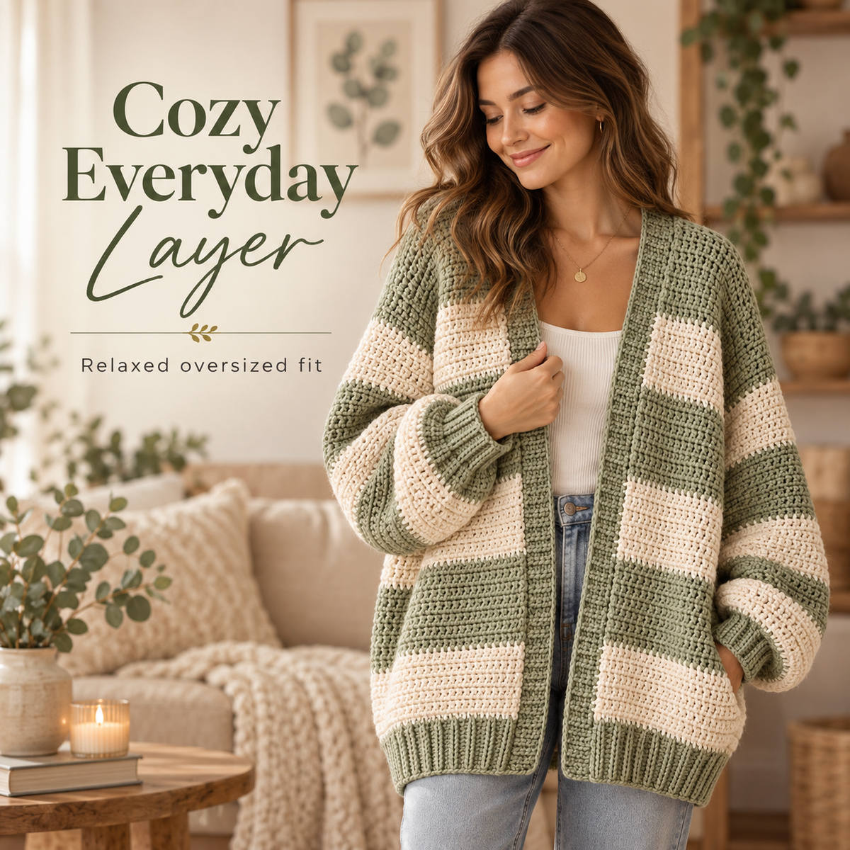 Oversized Chunky Cardigan Crochet Pattern PDF | Cozy Striped Women’s Sweater | Beginner Friendly Relaxed Cardigan Digital Download