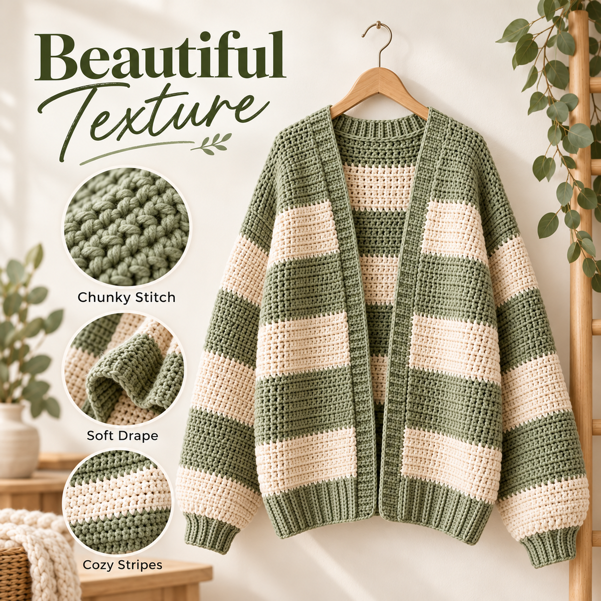 Oversized Chunky Cardigan Crochet Pattern PDF | Cozy Striped Women’s Sweater | Beginner Friendly Relaxed Cardigan Digital Download