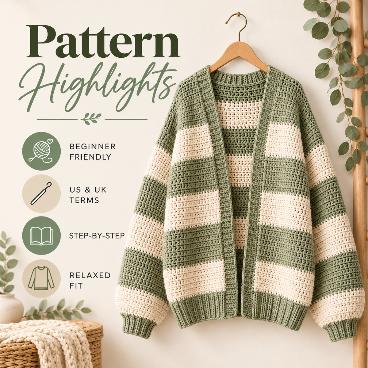 Oversized Chunky Cardigan Crochet Pattern PDF | Cozy Striped Women’s Sweater | Beginner Friendly Relaxed Cardigan Digital Download
