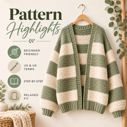 Oversized Chunky Cardigan Crochet Pattern PDF | Cozy Striped Women’s Sweater | Beginner Friendly Relaxed Cardigan Digital Download