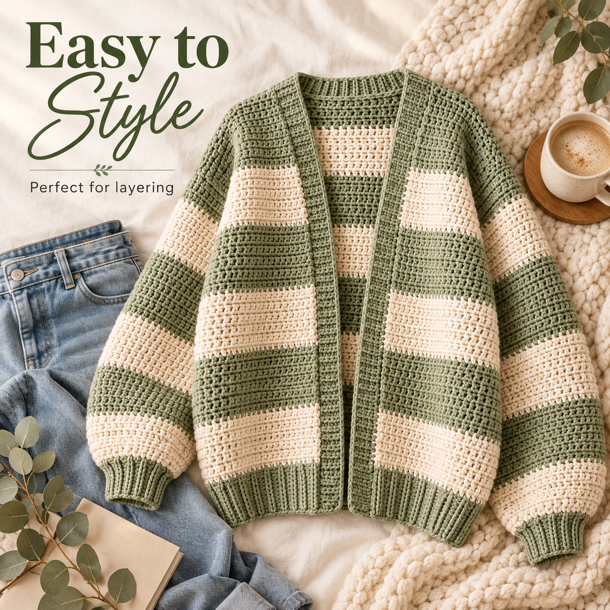 Oversized Chunky Cardigan Crochet Pattern PDF | Cozy Striped Women’s Sweater | Beginner Friendly Relaxed Cardigan Digital Download