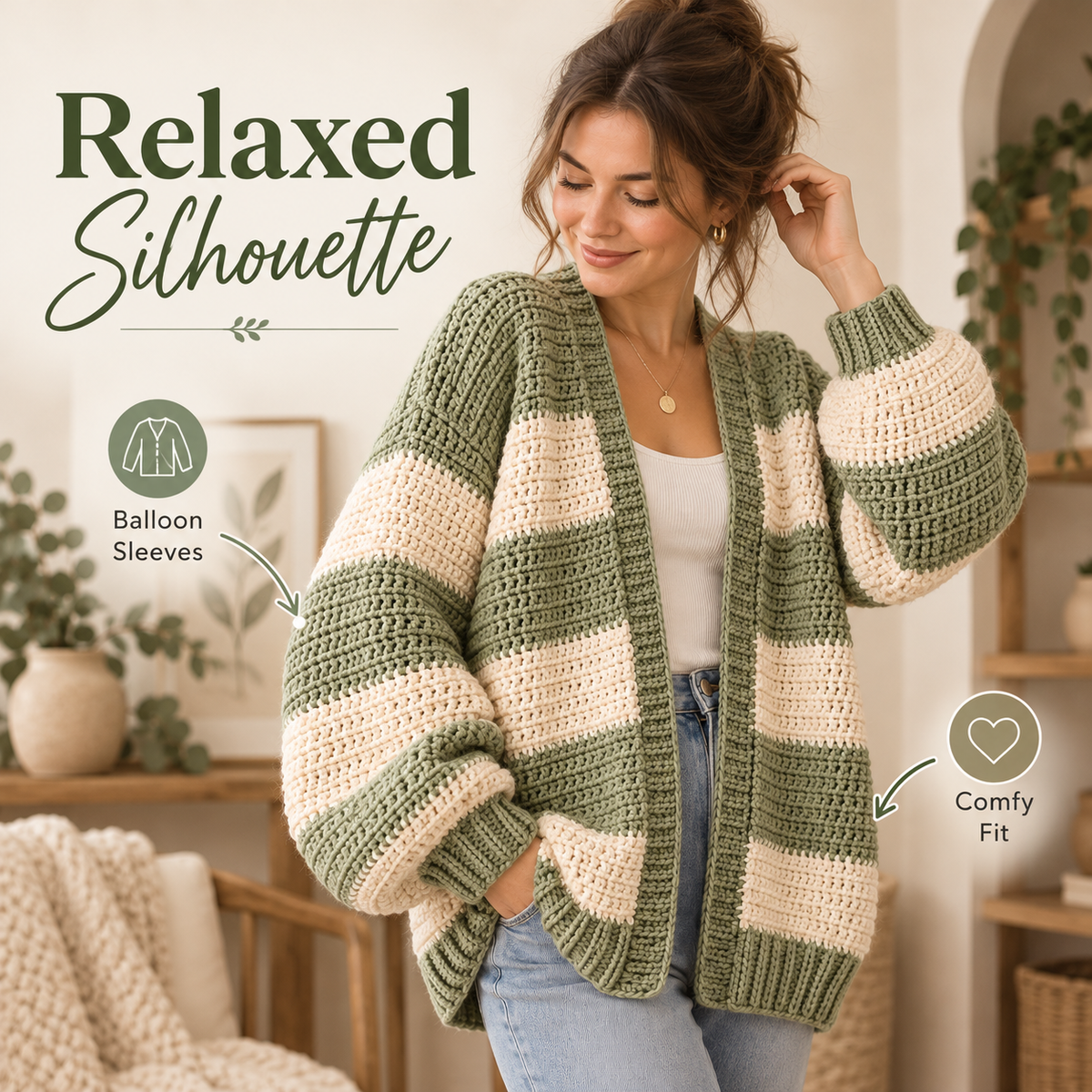 Oversized Chunky Cardigan Crochet Pattern PDF | Cozy Striped Women’s Sweater | Beginner Friendly Relaxed Cardigan Digital Download