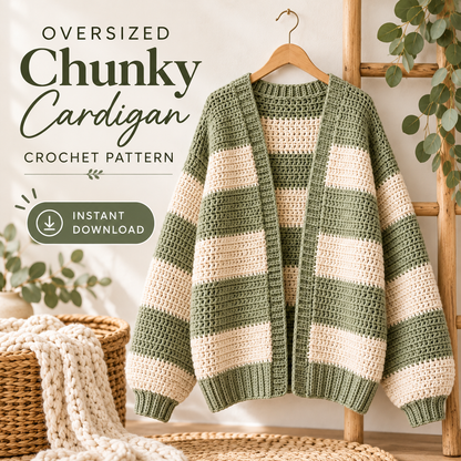 Oversized Chunky Cardigan Crochet Pattern PDF | Cozy Striped Women’s Sweater | Beginner Friendly Relaxed Cardigan Digital Download
