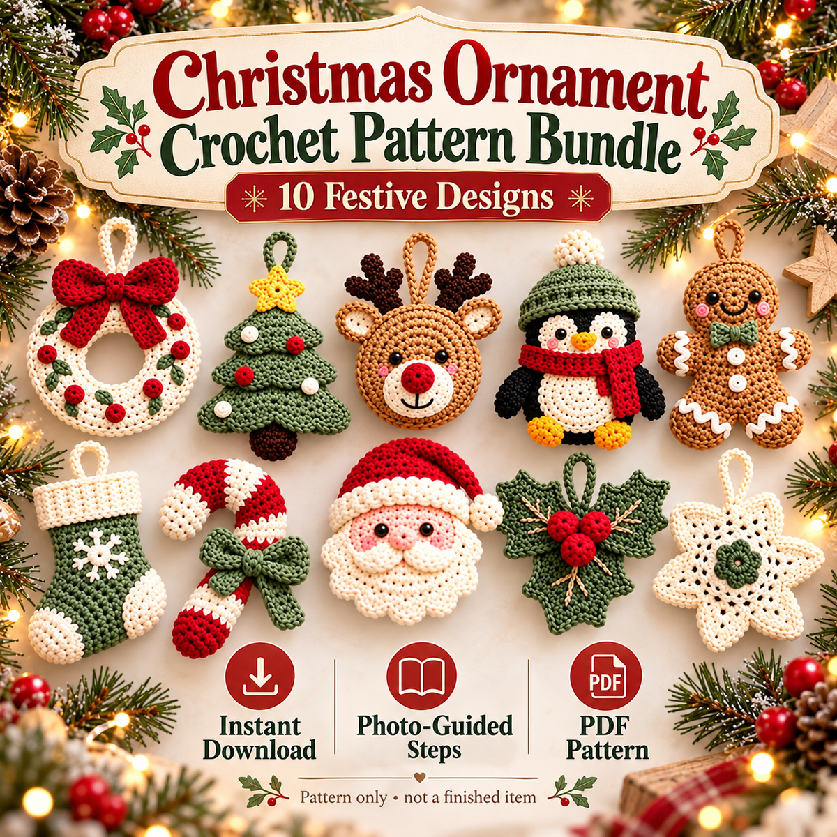 10-in-1 Christmas Crochet Ornament Pattern Bundle PDF | Santa, Reindeer, Penguin, Tree & Holiday Decorations | Digital Download