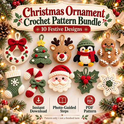 10-in-1 Christmas Crochet Ornament Pattern Bundle PDF | Santa, Reindeer, Penguin, Tree & Holiday Decorations | Digital Download