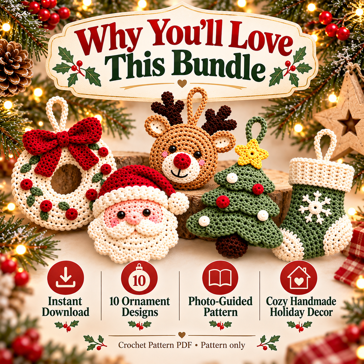 10-in-1 Christmas Crochet Ornament Pattern Bundle PDF | Santa, Reindeer, Penguin, Tree & Holiday Decorations | Digital Download