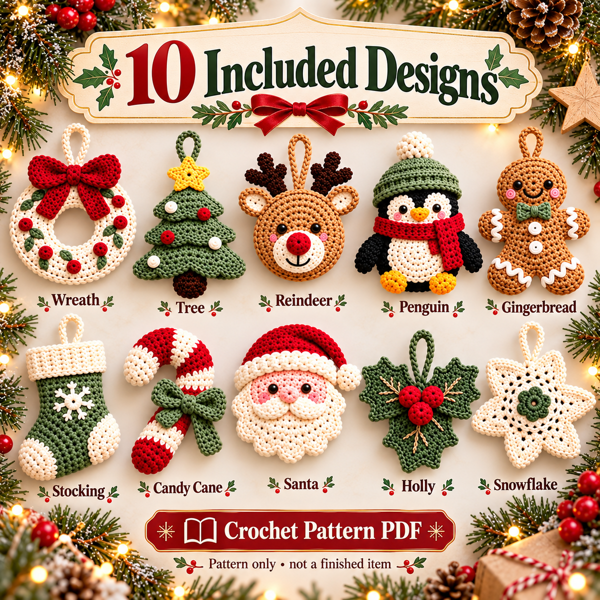 10-in-1 Christmas Crochet Ornament Pattern Bundle PDF | Santa, Reindeer, Penguin, Tree & Holiday Decorations | Digital Download